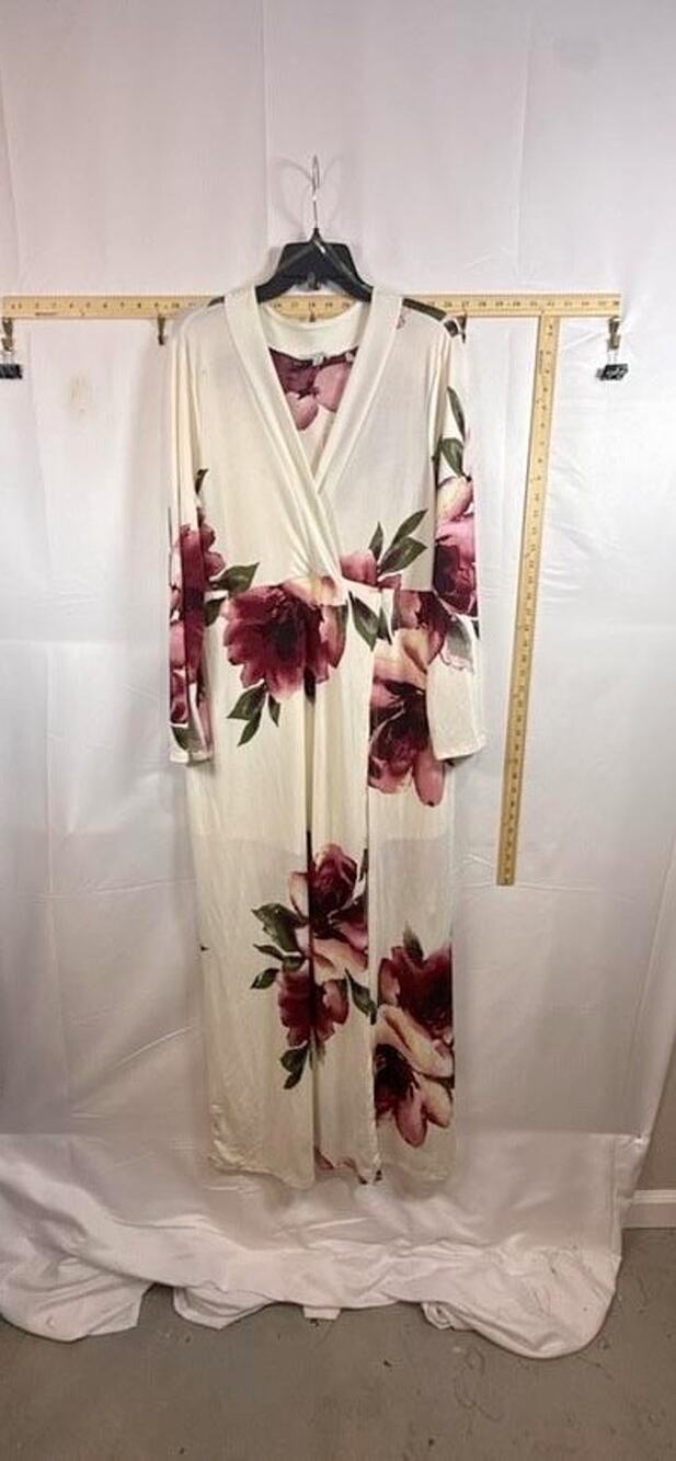 Haute Monde Maxi Dress Womens Size 2X Ivory Purple Floral Faux Wrap Long Sleeve